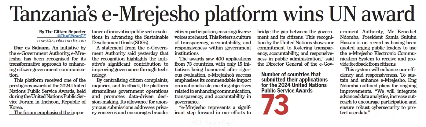 Tanzania’s e-Mrejesho platform wins UN award
